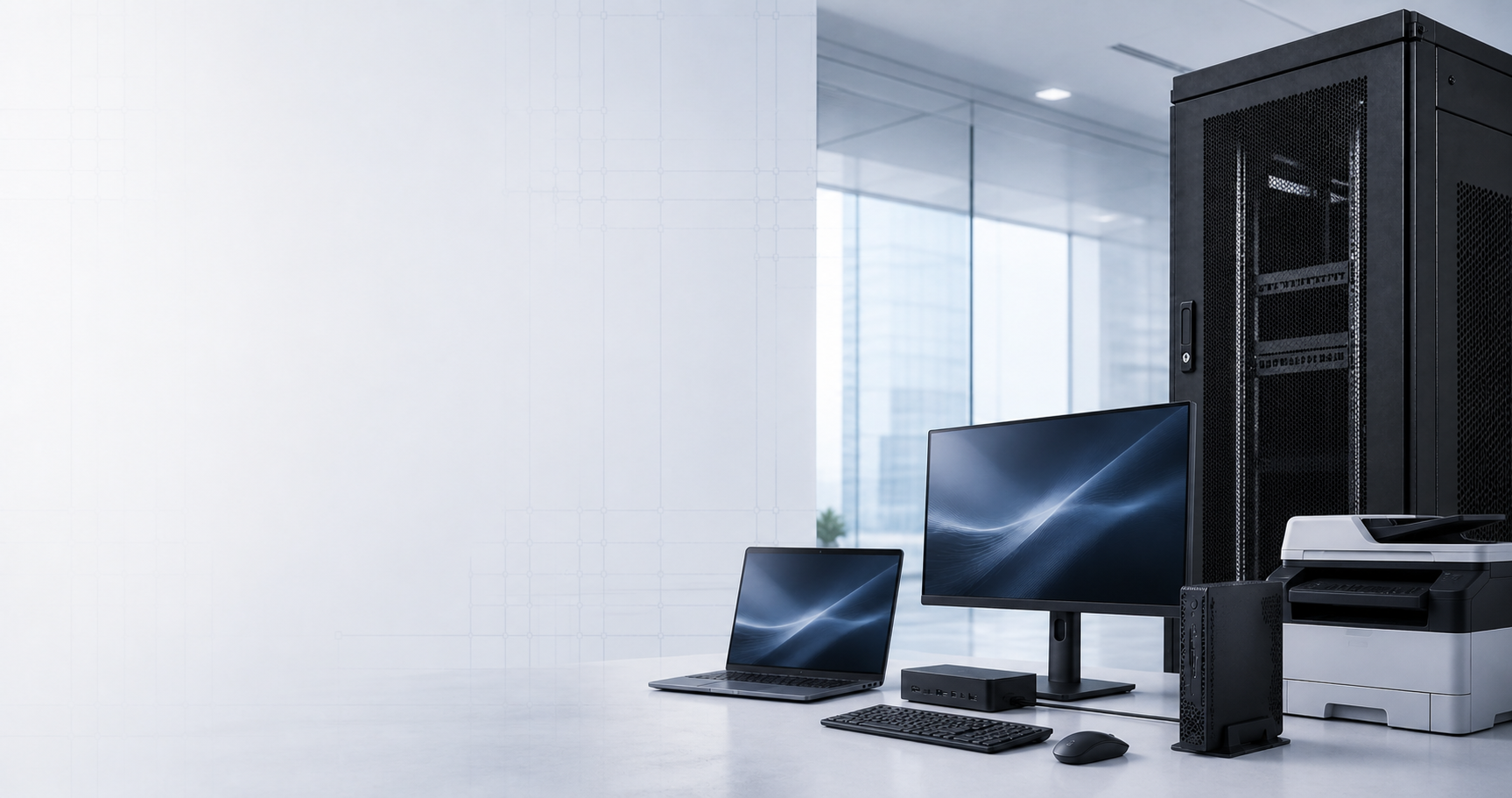 Business computers, monitor, printer and server rack for B2B IT hardware supply